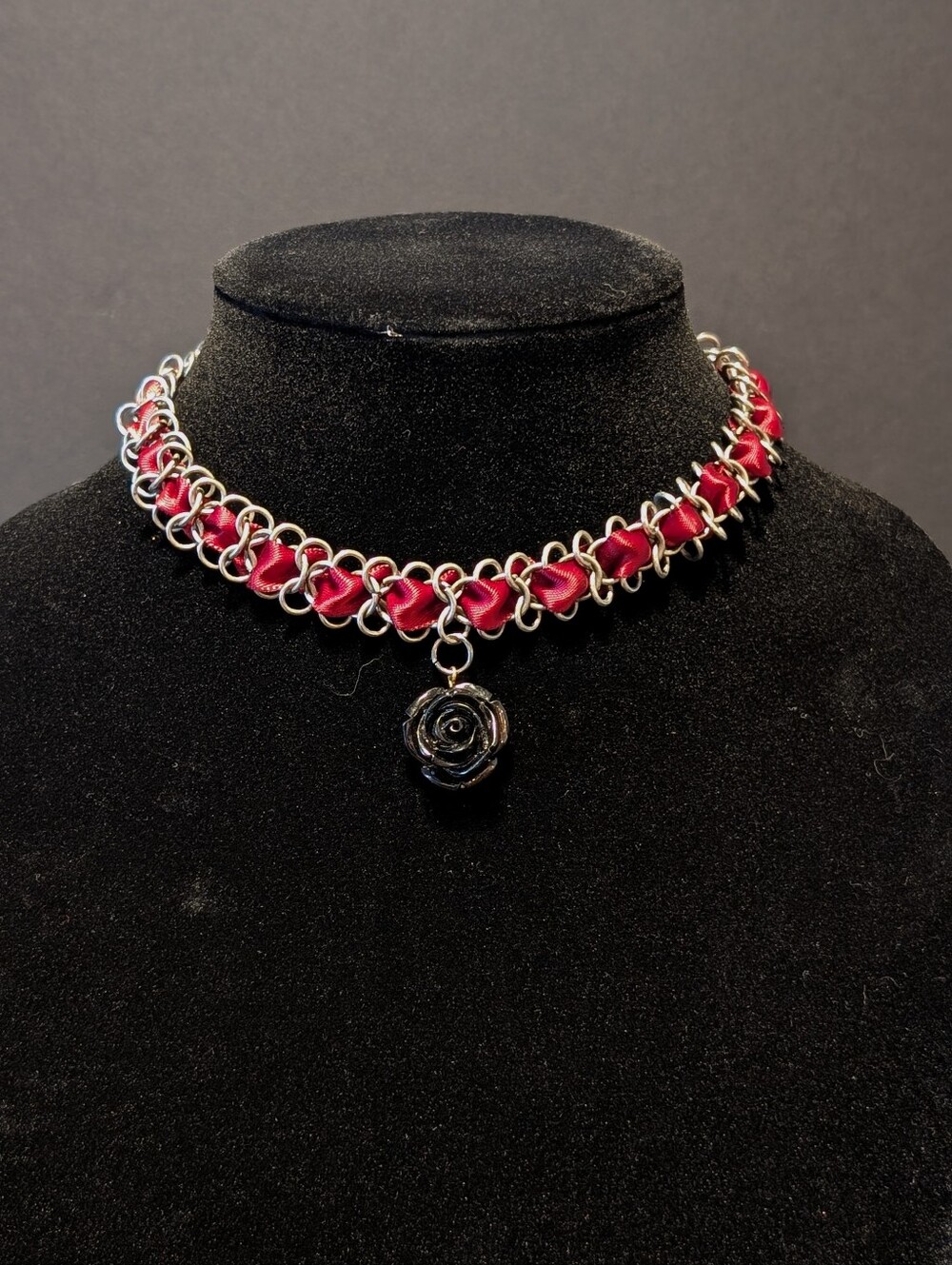 Red Ribbon Silver Chainmaille Choker with Black Rose Charm